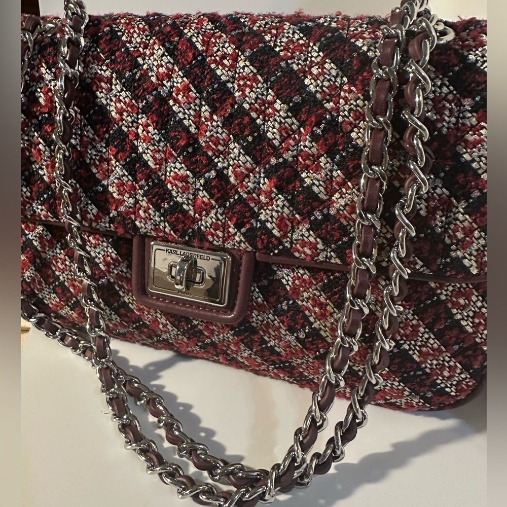 Karl Lagerfeld Paris Wine & Navy Tweed Chain Shoulder or Crossbody Bag
